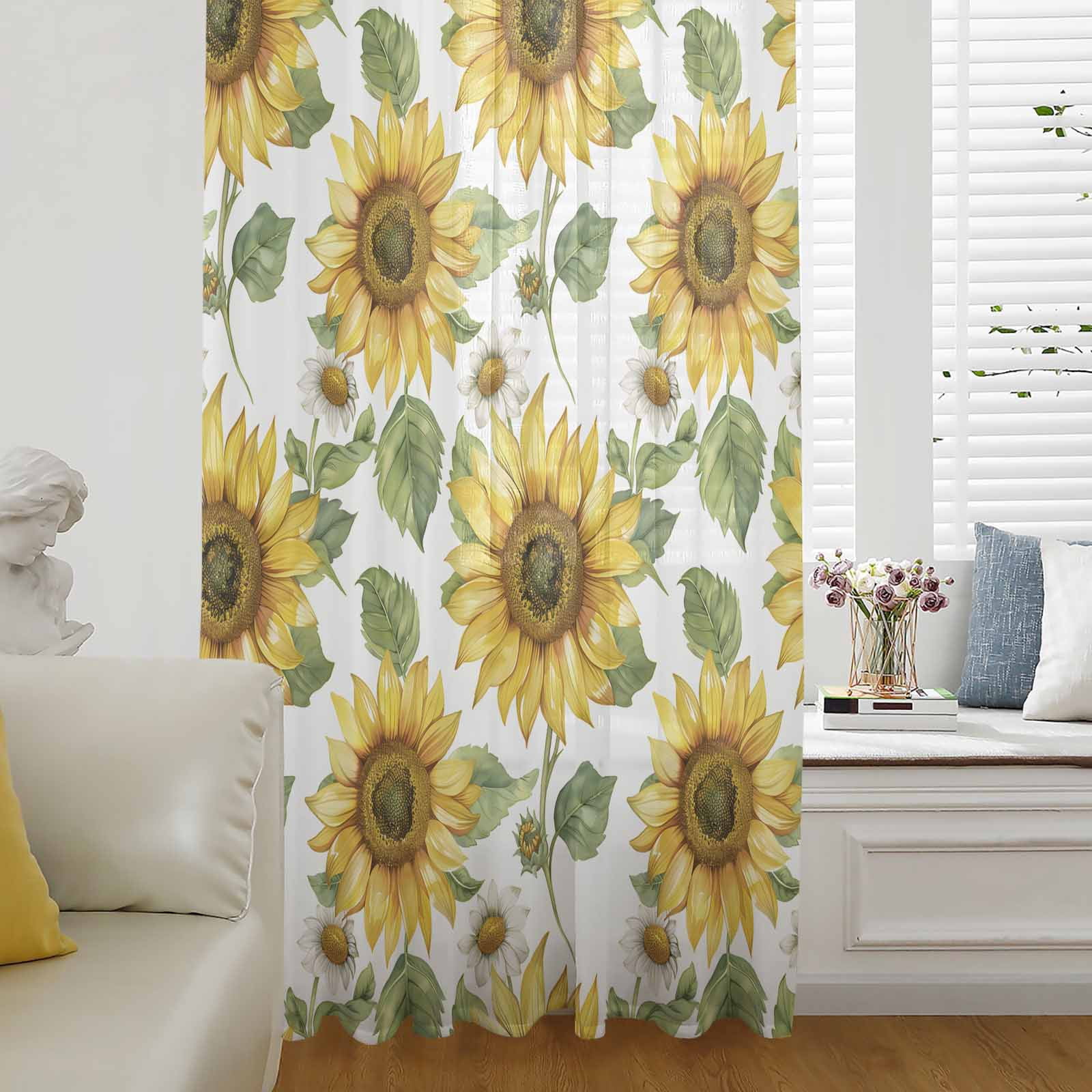 Yellow Sunflower Window Curtain 84 Inches Long,Retro Wildflower Floral ...