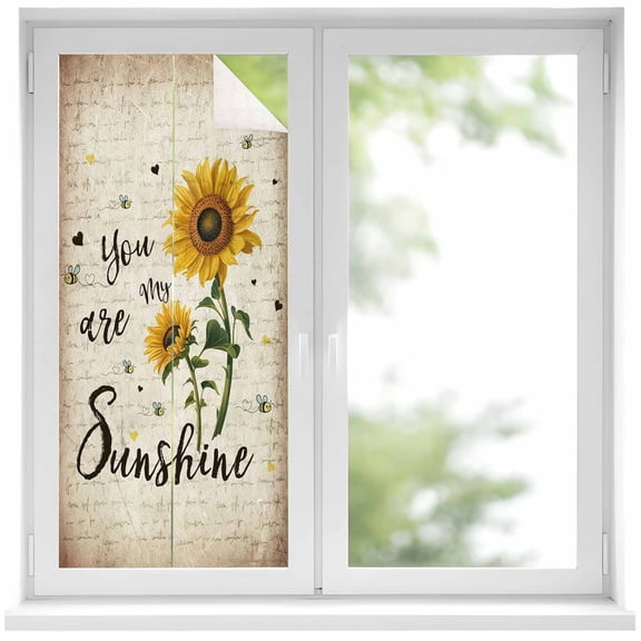 Yellow Sunflower Window Privacy Film, Summer Vintage Flower Bee Sunshine Static Cling UV Sun Blocking Heat Control Window Tint Day and Night, Non-Adhesive One Way Windows Privacy Cover 19.6''x39.3''