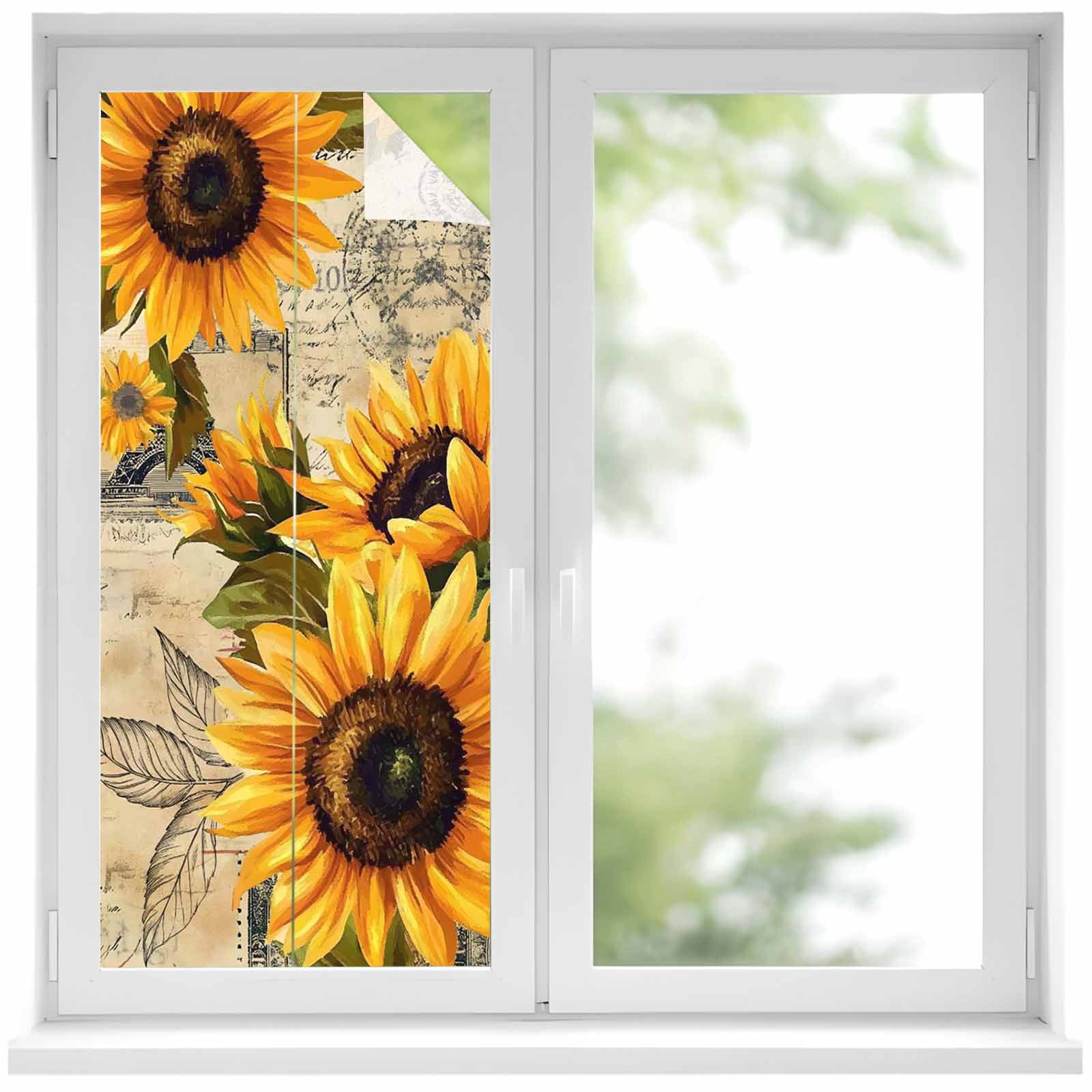 Yellow Sunflower Window Privacy Film, Watercolor Retro Floral Plant