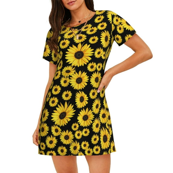 Yellow Sunflower Women'S Nightgown Sleepwear Short Sleeves Nightshirt Loose Comfy Pajama X-Large