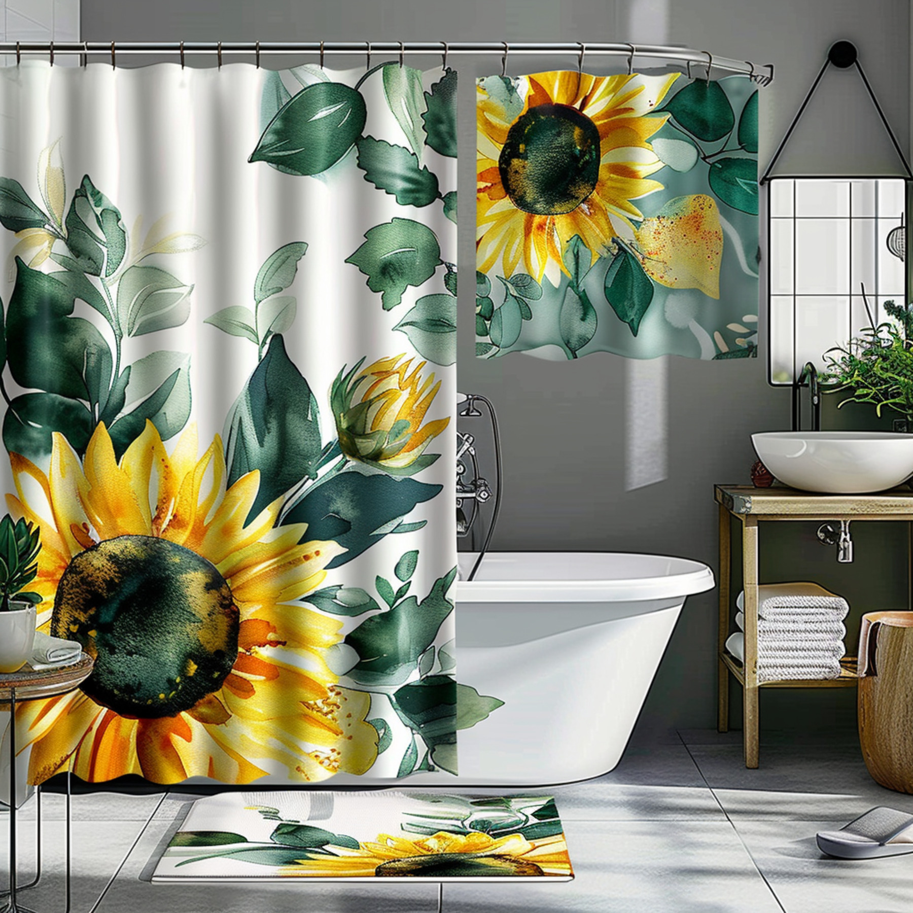 Yellow Sunflower and Green Leaves Bathroom Curtain Watercolor Style