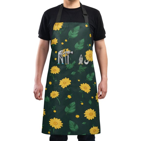 Yellow Sunflower on Dark Chef Kitchen Apron with Pockets for Women Waterproof Aprons for Cooking Baking