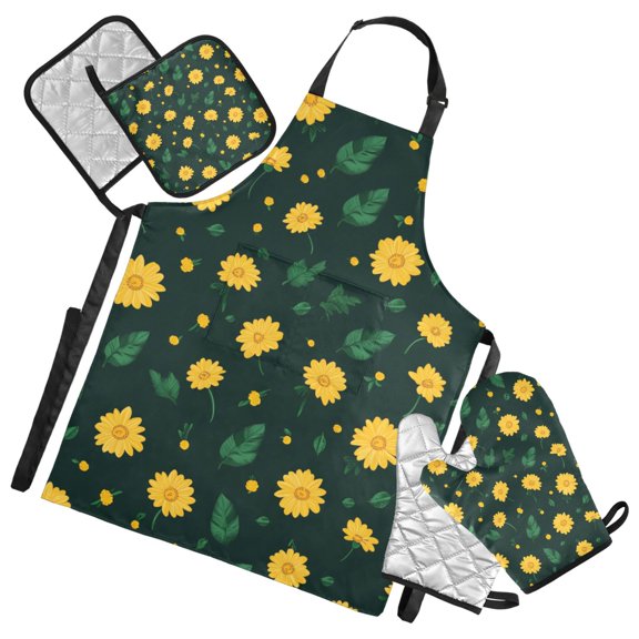 Yellow Sunflower on Dark Oven Mitts and Pot Holders with Chef Apron Set 5 Pcs Kitchen Cooking Set
