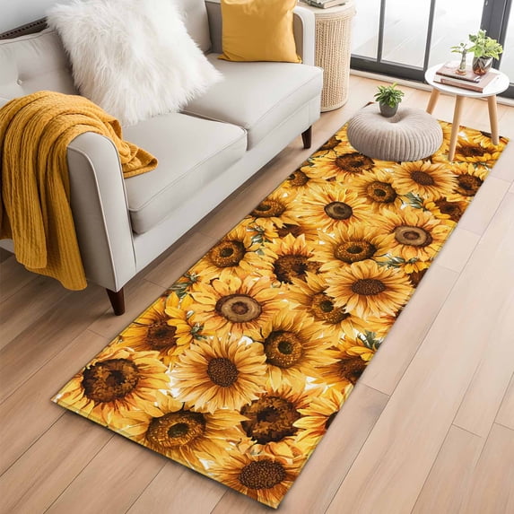 Yellow Sunflowers 2'x6' Runner Rugs for Hallway Kitchen Bedside Non Slip Washable, Watercolor Floral Flowers Vintage Entryway Rug Runners with Rubber Backing, Long Carpet Runner for Laundry Room