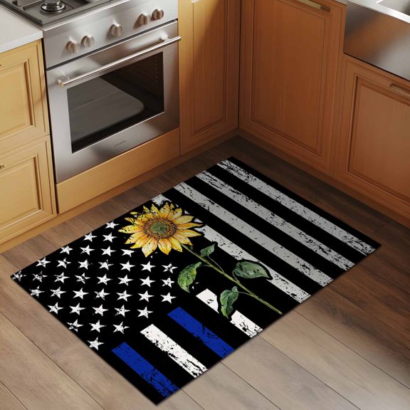 Yellow Sunflowers 2x3 Rug for Entryway Front Door Kitchen Sink Area, Old U.S. Flag Blue Stripes Vintage Low Pile Washable Non Slip Rectangle Area Rug