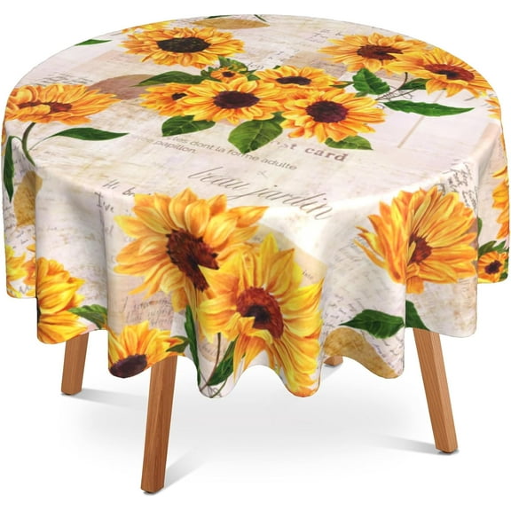 Yellow Sunflowers 60 Inch Round Tablecloth,Old Letter Postcard Table Cloth Waterproof Stain and Wrinkle Resistant Circle Table Cover for Kitchen Dining Picnic Camping Indoor Outdoor Decor