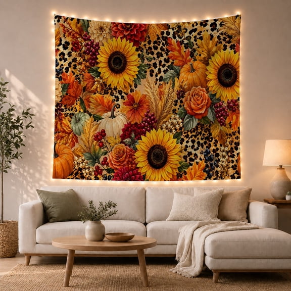 Yellow Sunflowers Among Pumpkins and Autumn Leaves, Cozy Digital Art for Nature Lovers, Harvest Wall Art, Halloween Gift, Tapestry Wall Hanging for Living Room and Den
