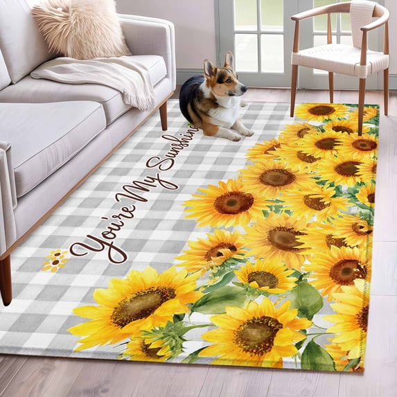 Yellow Sunflowers Area Rugs 3'x5', Washable Small Throw Rugs for Living Room Bedroom, Summer Floral Elegant Pastoral Checkered Indoor Outdoor Rug Non-Slip Low Pile Carpet Runner Reversible Floor Mats