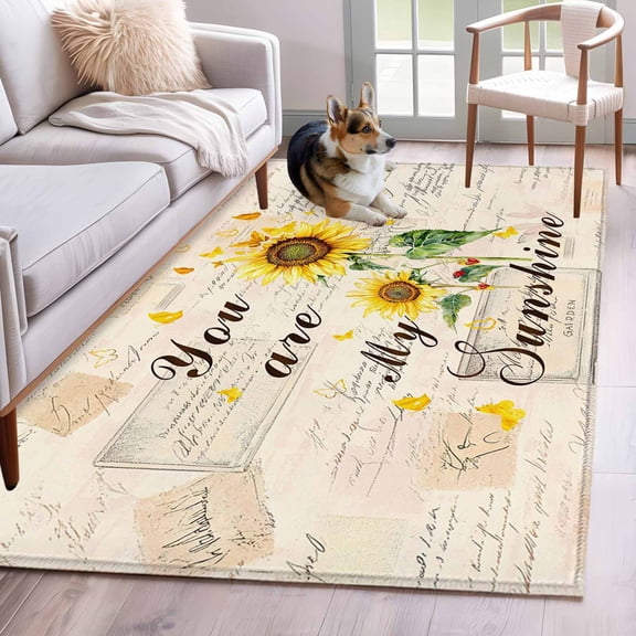 Yellow Sunflowers Area Rugs 4x6 ft You Are My Sunshine Butterflies Vintage Letter Background Washable Rug Non Slip Indoor Carpet Absorbent Floor Mat for Living Room Bedroom Dining Room