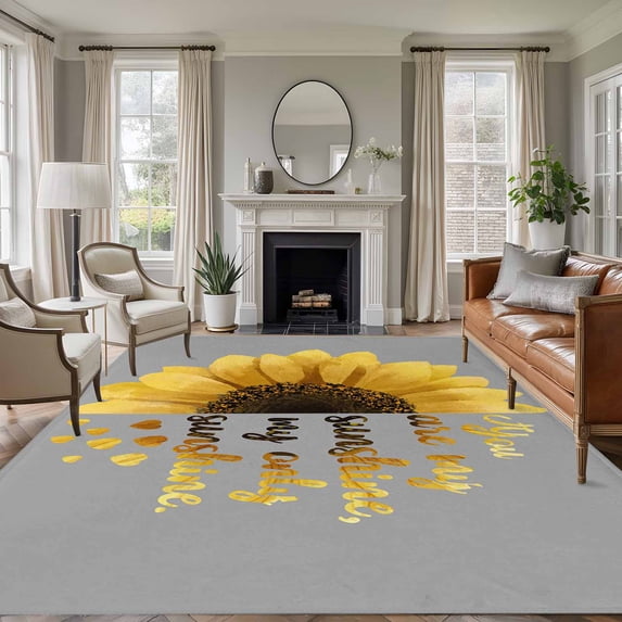 Yellow Sunflowers Area Rugs 5'x8', Washable Small Throw Rugs for Classroom Bedroom, Floral You Are My Sunshine Grey Quotes Indoor Outdoor Rug Non-Slip Low Pile Carpet Runner Reversible Floor Mats