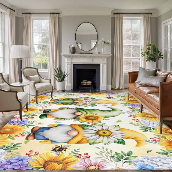 Yellow Sunflowers Area Rugs 5'x8', Washable Small Throw Rugs for Classroom Bedroom, Spring Gnomes Hydrangea Daisy Plants Indoor Outdoor Rug Non-Slip Low Pile Carpet Runner Reversible Floor Mats
