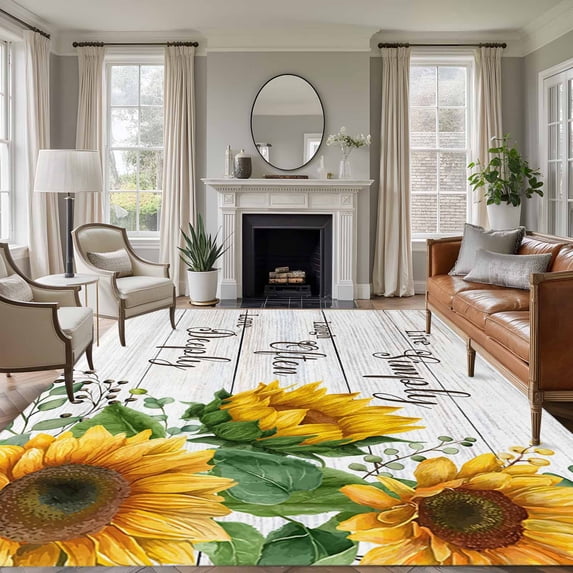 Yellow Sunflowers Area Rugs 8'x10', Small Throw Rugs for Living Room Patio, Farmhouse Floral Rustic Botanical Grey Wood Indoor Outdoor Rug Non-Slip Low Pile Carpet Runner Reversible Floor Mats