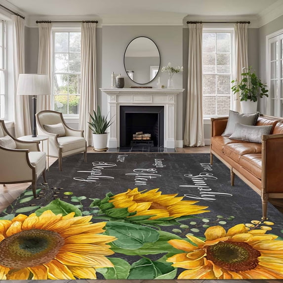 Yellow Sunflowers Area Rugs 8'x10', Washable Small Throw Rugs for Living Room Patio, Farmhouse Floral Rustic Leaves Dark Grey Indoor Outdoor Rug Non-Slip Low Pile Carpet Runner Reversible Floor Mats
