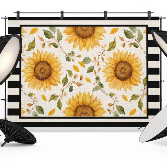 Yellow Sunflowers Backdrops for Photography, Rustic Country Floral Botanical Black Striped Fabric Photo Background Sturdy Studio Props for Photo Studio, Video Recording, Booth & Photoshoot 7x5ft