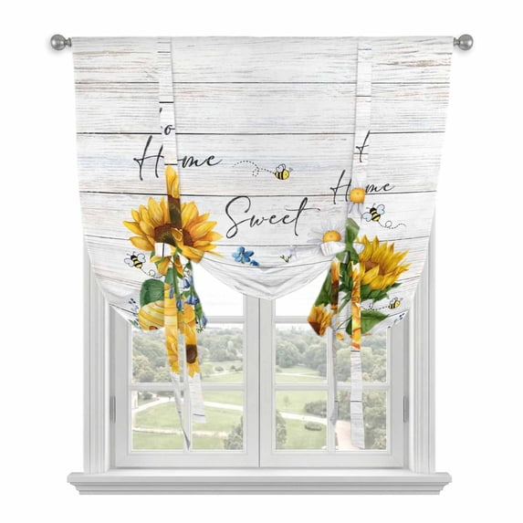 Yellow Sunflowers Balloon Curtains for Bedroom/Front Door/Bathroom, Elegant Pastoral Floral Watercolor Wooden Tie Up Curtains 63 Inch Length Kitchen Curtains Shades for Windows 46"x63"