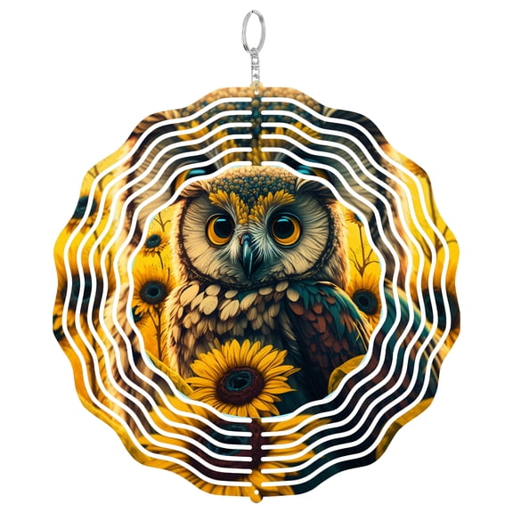 Yellow Sunflowers Barn Owl 3D Wind Spinner, Stainless Steel Nature Bird Gift, Round