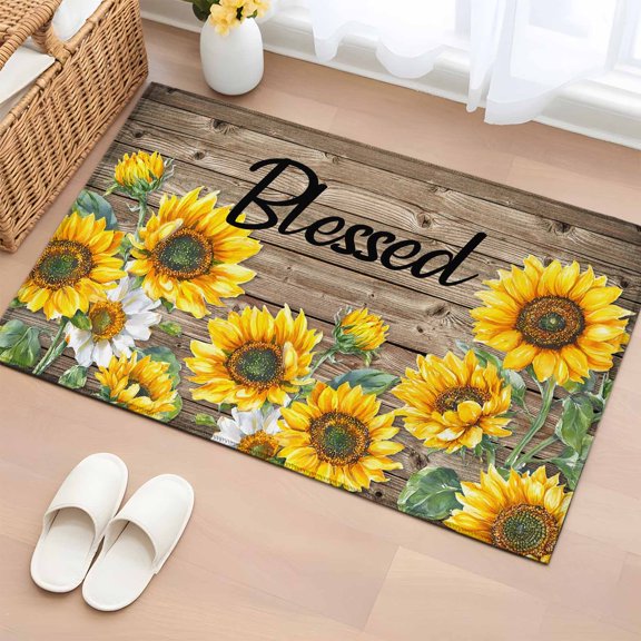 Yellow Sunflowers Bathroom Rug Washable 2x3 Entryway Rug Non Slip Vintage Country Wood Grain Oil Painting Front Door Mat Low Pile Indoor Doormat Throw Floor Carpet for Kitchen Bedroom Entrance