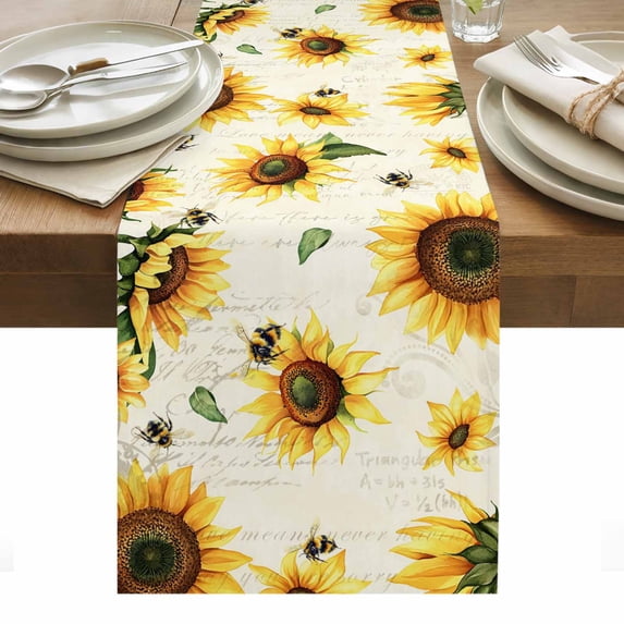 Yellow Sunflowers Bees Table Runner - 90 Inch Long, Kitchen Dining Table Runner Dresser Scarves, Summer Country Floral Rustic Farmhouse Decor for Coffee Tables Wedding Party Banquet