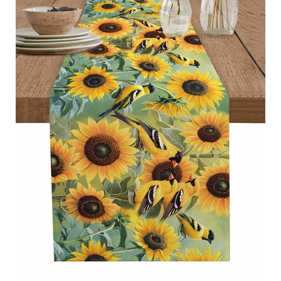 Yellow Sunflowers Birds Table Runner 90 Inches, Spring Floral Country Pastoral Bed Runner Dresser Scarves Tabletop for Indoor Outdoor Parties/Ceremony/Banquet, 13" x 90"