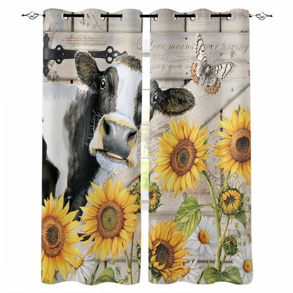 Yellow Sunflowers Blackout Curtains for Bedroom Living Room Darkening Curtains 54 Inch Long Farmhouse Cow Barn Doors Floral Butterfly Short Curtain for Small Window Treatment Grommet Drapes 42"x54"x2