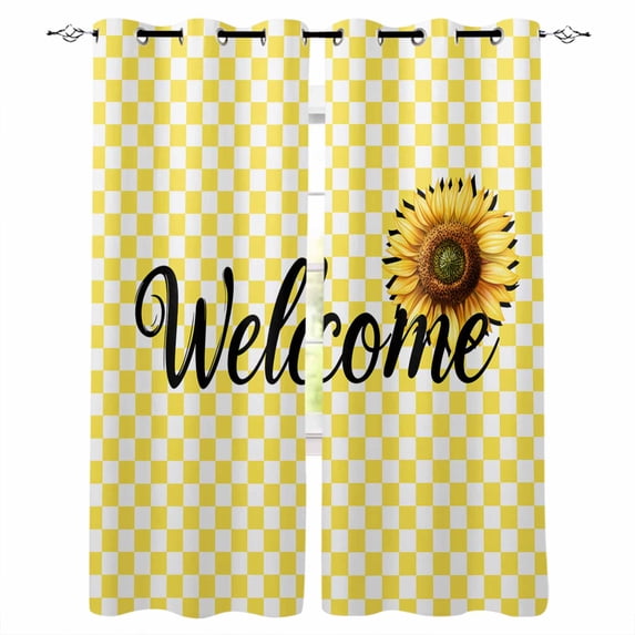 Yellow Sunflowers Blackout Curtains for Bedroom Living Room Darkening Curtains 54 Inch Long Spring Flower Retro Plaid Short Curtain for Small Window Treatment Insulated Grommet Drapes 52"x54"x2