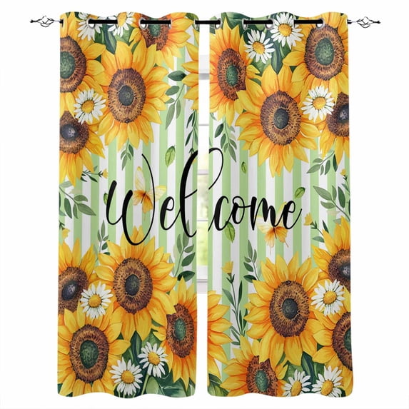 Yellow Sunflowers Blackout Curtains for Bedroom Living Room Darkening Curtains 63 Inches Long Green Striped Summer Botanical Window Curtain 2 Panels Set Window Treatment Grommet Drapes 52"x63"