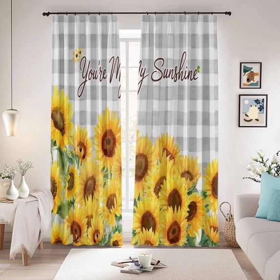 Yellow Sunflowers Blackout Curtains for Bedroom/Living Room, Pinch Pleated Black Out Curtains, Summer Floral Elegant Pastoral Checkered Room Darkening Window Drapes with Hooks 2 Panels, 59"x70"