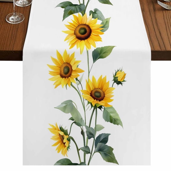 Yellow Sunflowers Burlap Cotton Table Runner 13x120 Inches Long, Farmhouse Summer Botanical Watercolor Farmhouse Table Runners, Outdoor Dining Tablecloths Decor for Baby Shower/Party/Wedding