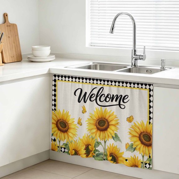 Yellow Sunflowers Butterflies Cabinet Curtain, Rustic Farmhouse Black White Gingham Border Sink Skirt for Bathroom, Under Sink shelf Curtain Privacy Drape for Kitchen Laundry Room 10x11in