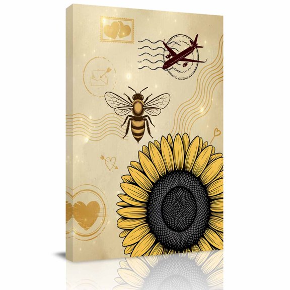 Yellow Sunflowers Canvas Wall Art for Living Room, Bee Heart Airplane Abstract Vintage Style Wall Decor Framed Artwork Pictures Ready to Hang for Bedroom Office Home Decor