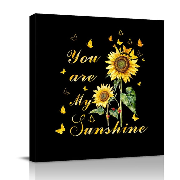 Yellow Sunflowers Canvas Wall Art for Living Room, You Are My Sunshine Butterflies Black Background Wall Decor Framed Artwork Pictures Ready to Hang for Bedroom Office Home Decor