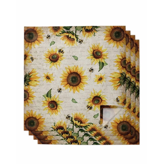Yellow Sunflowers Cloth Napkins Set of 4 Reusable Dinner Napkins, Summer Farmhouse Retro Beige Cocktail Napkin Washable Table Napkins for Wedding/Holiday Party/Baby Shower 20"x20"