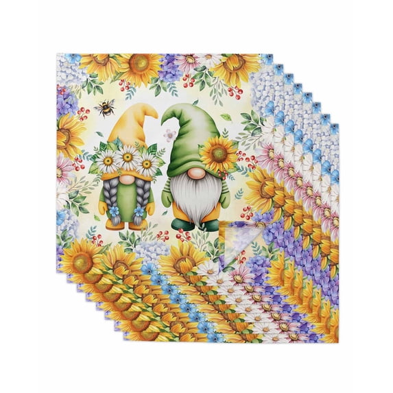 Yellow Sunflowers Cloth Napkins Set of 8 Reusable Dinner Napkins, Spring Gnomes Hydrangea Daisy Plants Cocktail Napkin Washable Table Napkins for Wedding/Holiday Party/Baby Shower 20"x20"