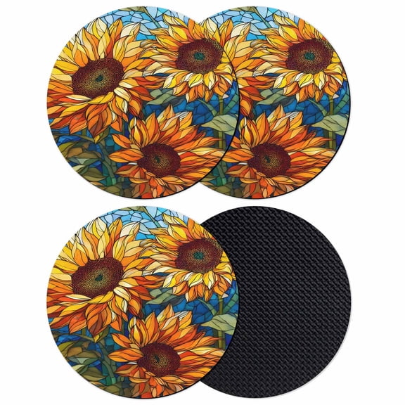 Yellow Sunflowers Coasters Set of 4, Absorbent Coasters for Drinks, Abstract Stained Glass Floral Leaf Coaster for Desk Coffee Table Protection, Home Decor House Warming Gifts 4"