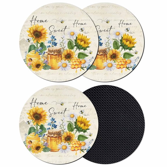 Yellow Sunflowers Coasters Set of 4, Absorbent Coasters for Drinks, Daisy Bees Elegant Pastoral Floral Coaster for Desk Coffee Table Protection, Home Decor House Warming Gifts 4"