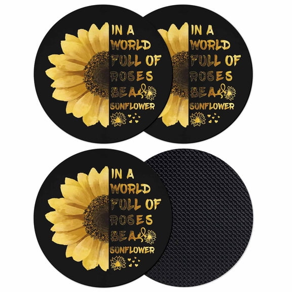 Yellow Sunflowers Coasters Set of 4, Absorbent Coasters for Drinks, Floral Rustic Abstract Black Coaster for Desk Coffee Table Protection, Home Decor House Warming Gifts 4"