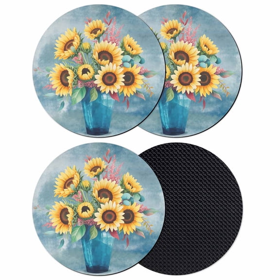 Yellow Sunflowers Coasters Set of 4, Absorbent Coasters for Drinks, Spring Botanical Floral Vases Painting Coaster for Desk Coffee Table Protection, Home Decor House Warming Gifts 4"
