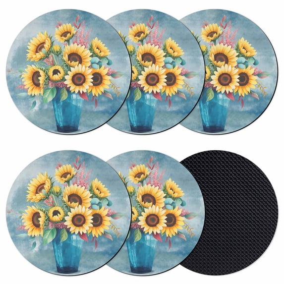 Yellow Sunflowers Coasters Set of 6, Absorbent Coasters for Drinks, Spring Botanical Floral Vases Painting Coaster for Desk Coffee Table Protection, Home Decor House Warming Gifts 4"