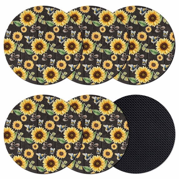 Yellow Sunflowers Coasters Set of 6, Absorbent Coasters for Drinks, Summer Botanical Elegant Pastoral Bees Coaster for Desk Coffee Table Protection, Home Decor House Warming Gifts 4"