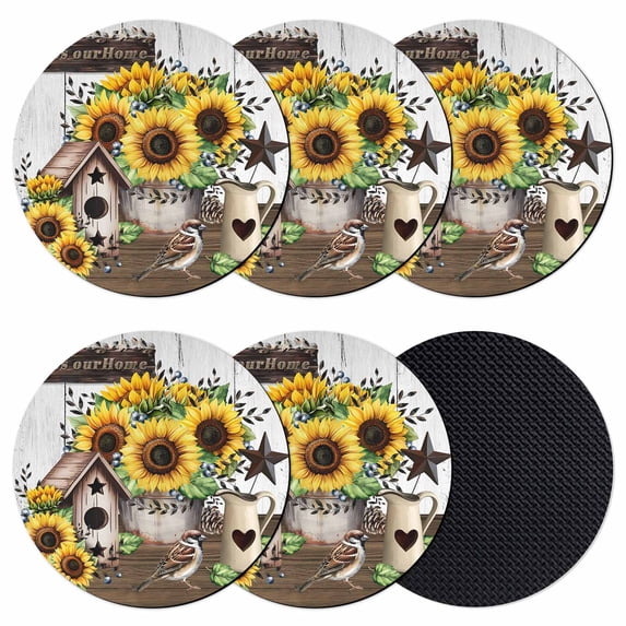 Yellow Sunflowers Coasters Set of 6, Absorbent Coasters for Drinks, Western Star Farmhouse White Wooden Coaster for Desk Coffee Table Protection, Home Decor House Warming Gifts 4"