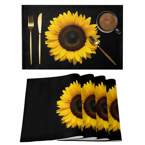 Yellow Sunflowers Cotton Linen Placemats Set of 8, Black Background Spring Floral Simple Washable Table Place Mats Heat Insulating Placemat for Dining Room Kitchen Daily Use 13 x 19 Inch