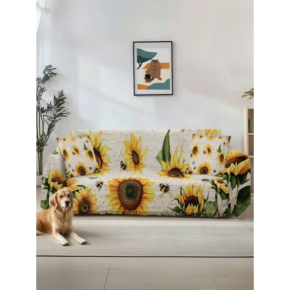 Yellow Sunflowers Couch Cover, Summer Farmhouse Retro Beige Sofa Cover Blanket for Loveseat Couches,Sectional Sofa Slipcover Furniture Protector for Living Room Bedroom 71''x118''