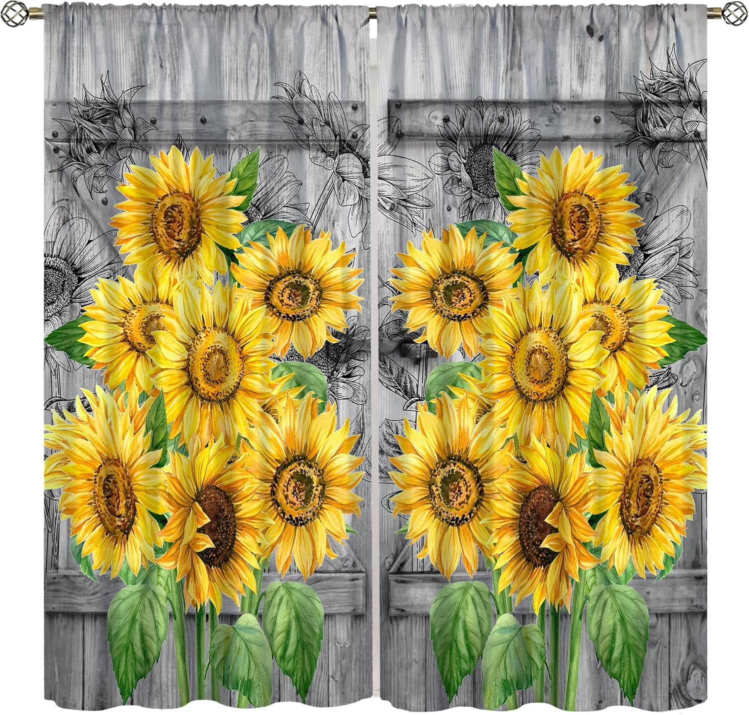 Yellow Sunflowers Curtains, Vintage Rustic Wooden Barn Door Sunshine Greenery Sunshine Floral Blackout Windows Treatments, Thermal Insulated Drapes For Girls Living Room Bedroom Kitchen 42x63in