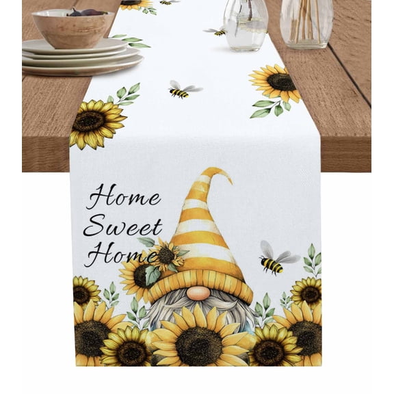 Yellow Sunflowers Dwarf Burlap Cotton Table Runner 13x60 Inches Long, Bee Floral Country Vintage Farmhouse Table Runners, Outdoor Dining Tablecloths Decor for Baby Shower/Party/Wedding