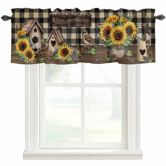 Yellow Sunflowers Farmhouse Short Window Curtain Valances, Western Star Brown Farmhouse Plaid Rod Pocket Kitchen Valances for Living Room Bedroom Bathroom Cafe 42" x 18"
