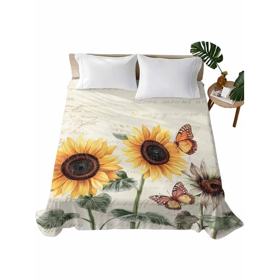 Yellow Sunflowers Flat Sheet Only Twin Size, Soft Breathable Bed Top Sheets for Mattress, Floral in Blooms Pastoral Plants Luxury Bedding Flat Sheets for Home Hotel Bedroom Bed Protection