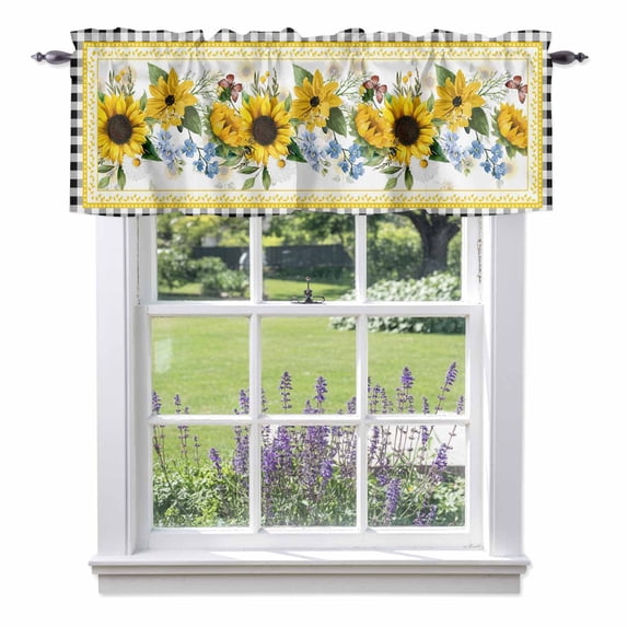 Yellow Sunflowers Floral Valance Curtain for Windows Pastoral Wildflowers Leaf Black Plaid Rod Pocket Curtain Valances Short Window Treatments for Kitchen Bathroom Laundry Basement 56 x 16 Inch