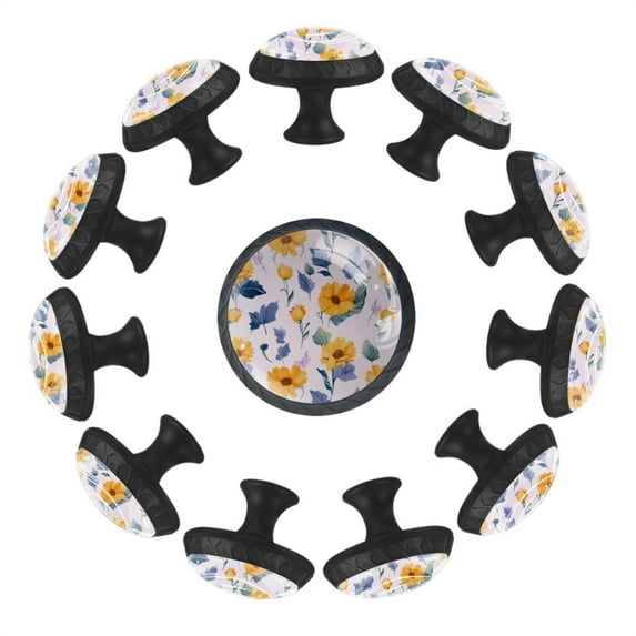 Yellow Sunflowers Flowers 35MM Round Glass Cabinet Knobs, Kitchen Knobs for Drawer Dresser Cupboard Wardrobe Modern Pulls Handles Hardware, Set of 12