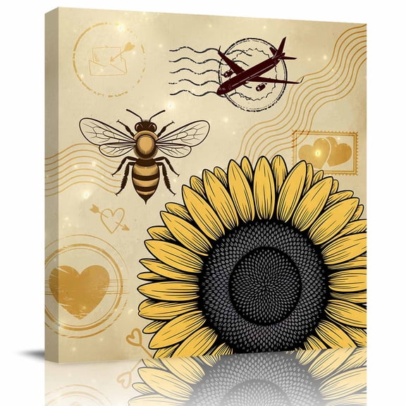Yellow Sunflowers Framed Canvas Wall Art, Bee Heart Airplane Abstract Vintage Style Wall Art Painting for Living Room Bedroom Home Decor, 16”x16”, Office Artwork Print