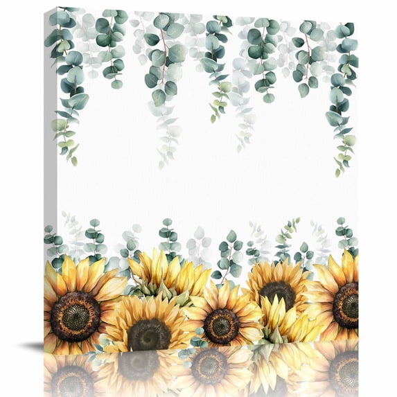 Yellow Sunflowers Framed Canvas Wall Art, Floral Green Eucalyptus Leaf Farm Plant Wall Art Painting for Living Room Bedroom Home Decor, 16”x16”, Office Artwork Print